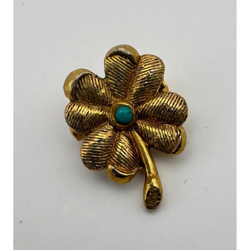 Vintage Four Leaf Clover Brooch Gold Tone Blue Stone Good Luck Charm - Picture 4 of 6
